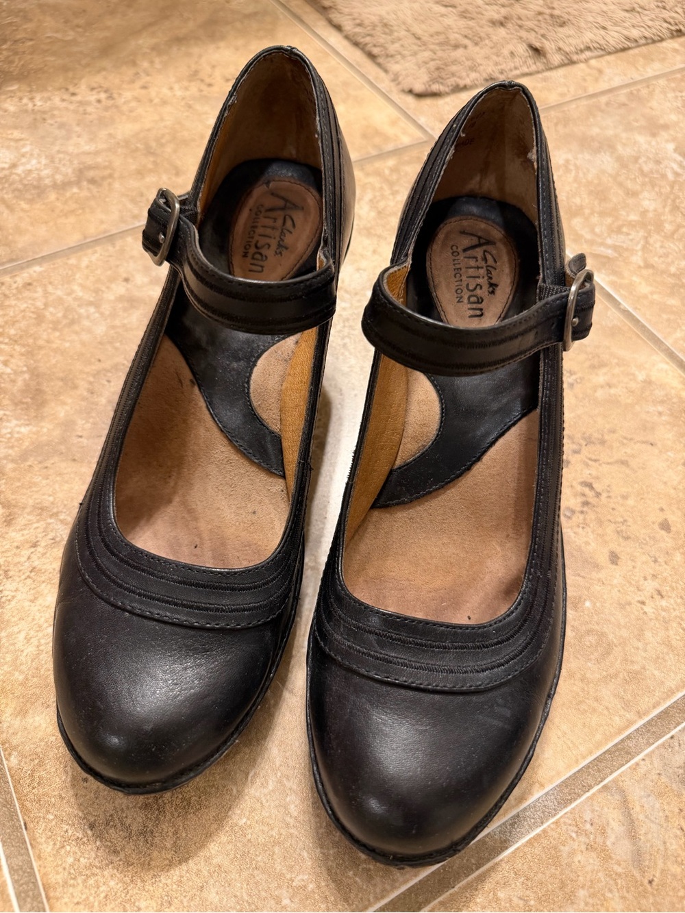 Clarks Black Leather Mary Jane Heels with Strap